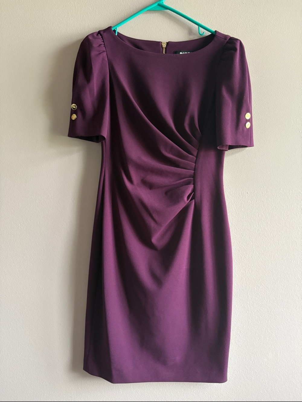 DKNY Plum Ruched Sheath Dress with Gold Buttons